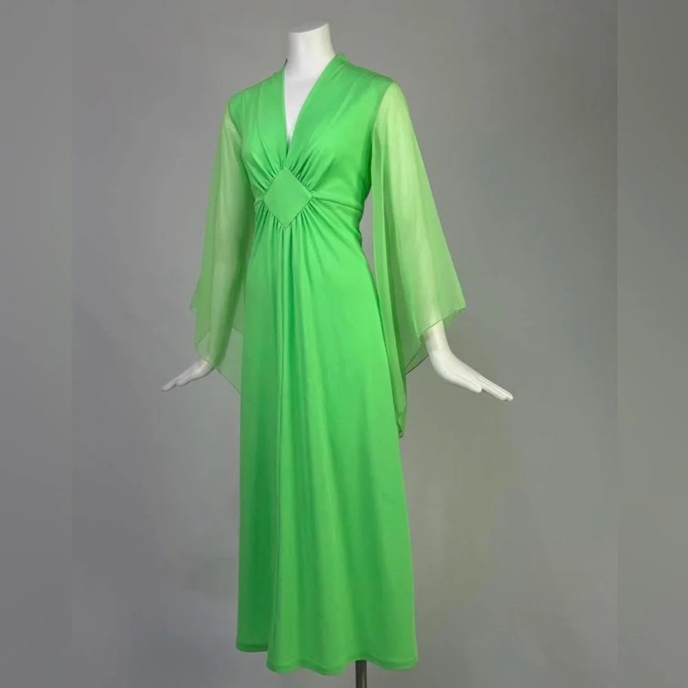 Vintage 1970's Neon lime green maxi dress with sheer draped angel sleeves. M-L
